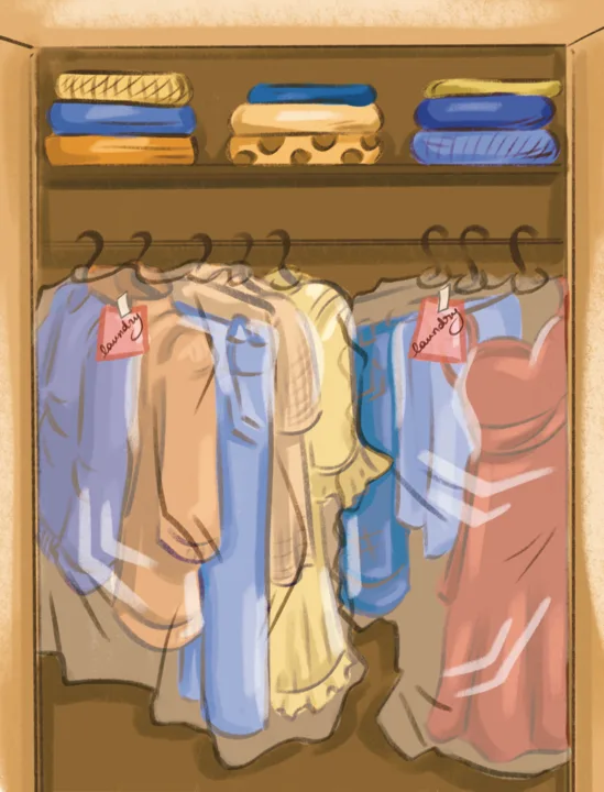Illustration of a wardrobe with folded laundry on the shelf and freshly cleaned clothes on hangers